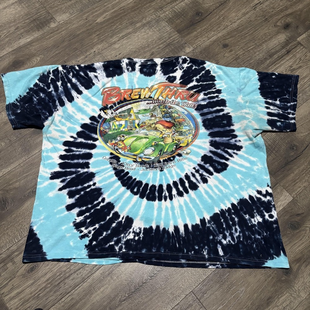 Brew Thru Outer Banks Shirt Mens XL Blue Tie Dye Beach Graphic Cartoon Tee